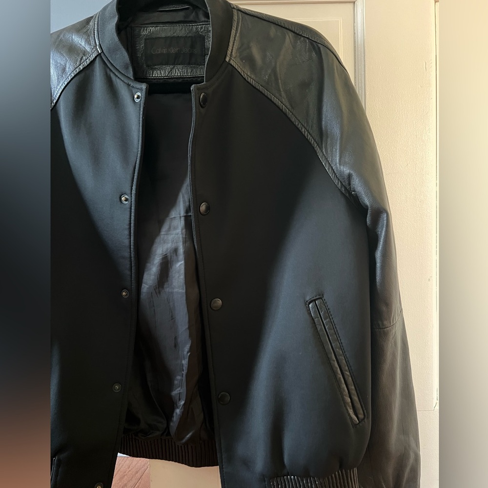 Calvin Klein Black Real Leather Varsity Jacket - Picture 5 of 5